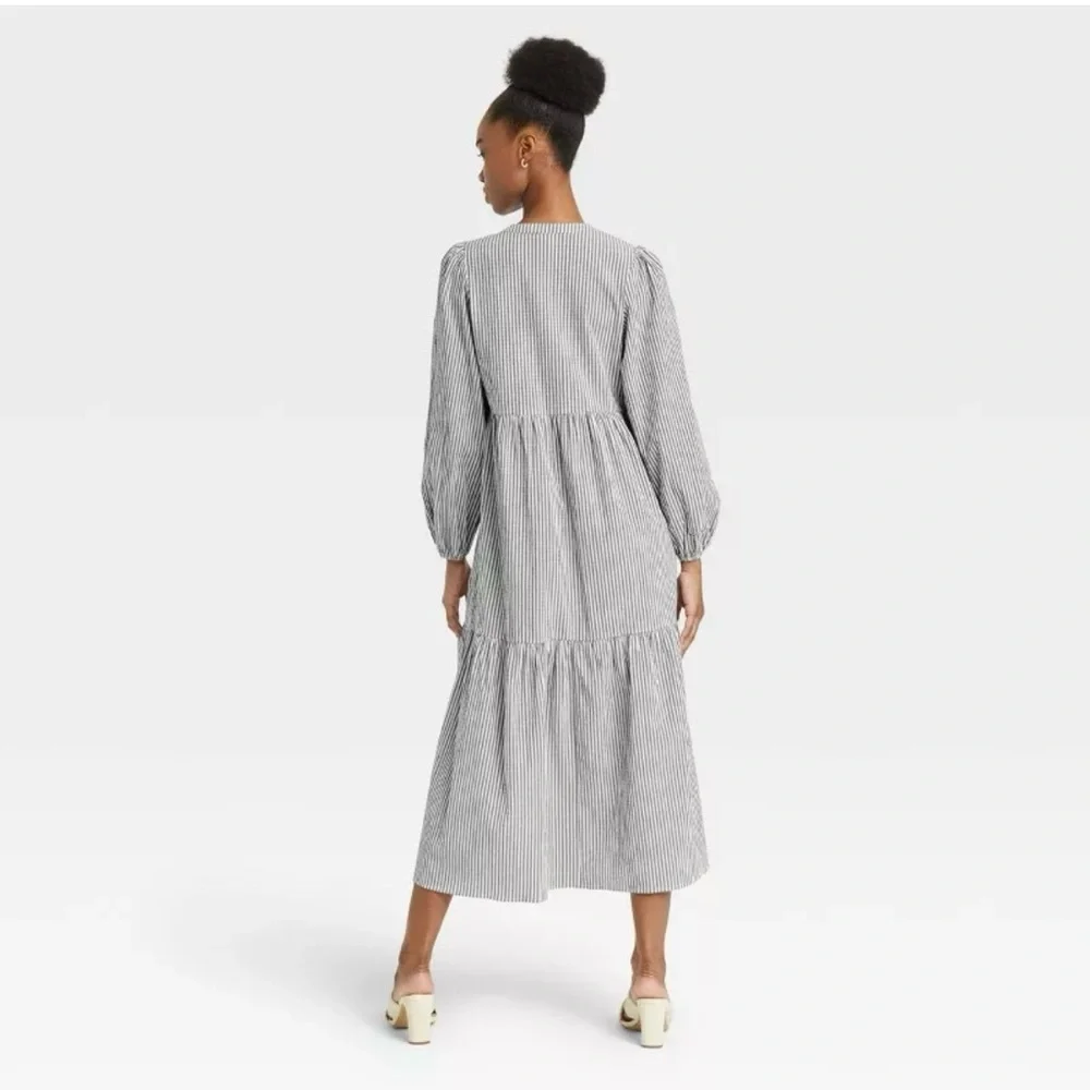 Coquette Milkmaid Tiered Long Sleeve Tiered Gray & White Stripes XL Pockets NWT - Picture 8 of 11